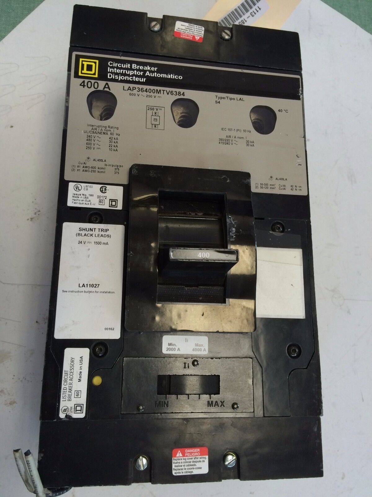 Square D Lap36400mtv6384 Circuit Breaker, 3-Pole, 400A, 600Vac/250Vdc,Co,Ex