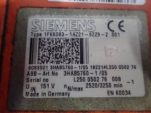 Siemens 1Fk6083-6Az21-9Zz9-Z S01, Abb 3Hab5760-1/05,115V Servo Motor,Bp