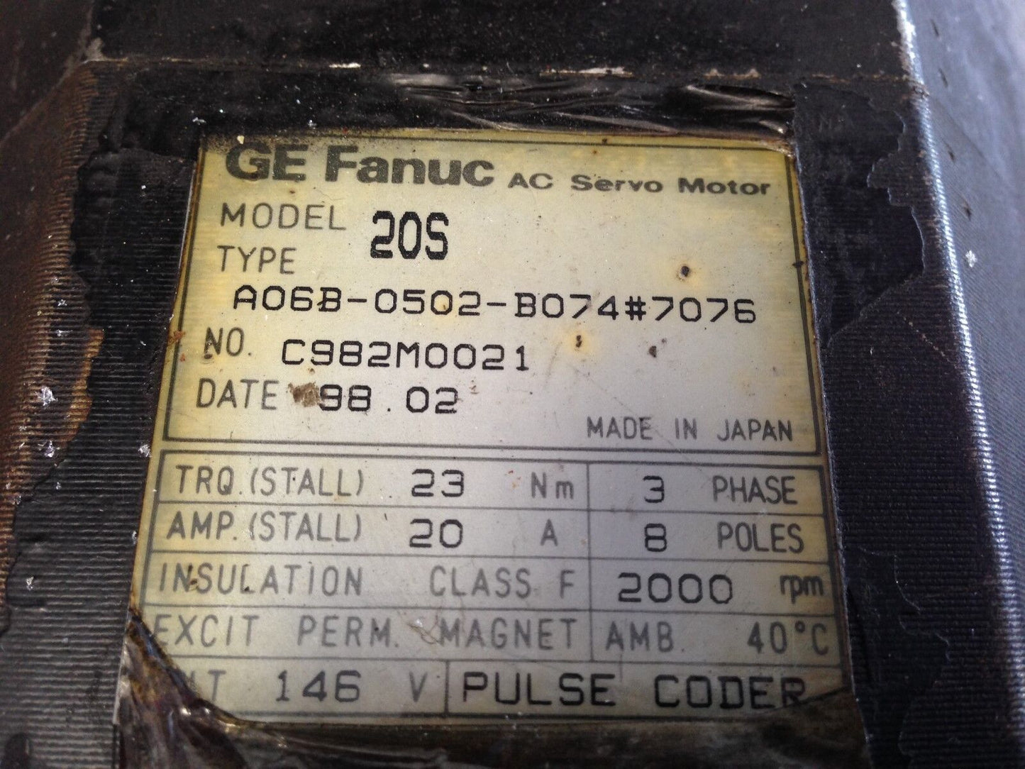 Ge Fanuc 20S,Fanuc A06b-0502-B074#7076 Ac Servo Motor,3Ph,146V,Rpm 2000,20Amp,Te