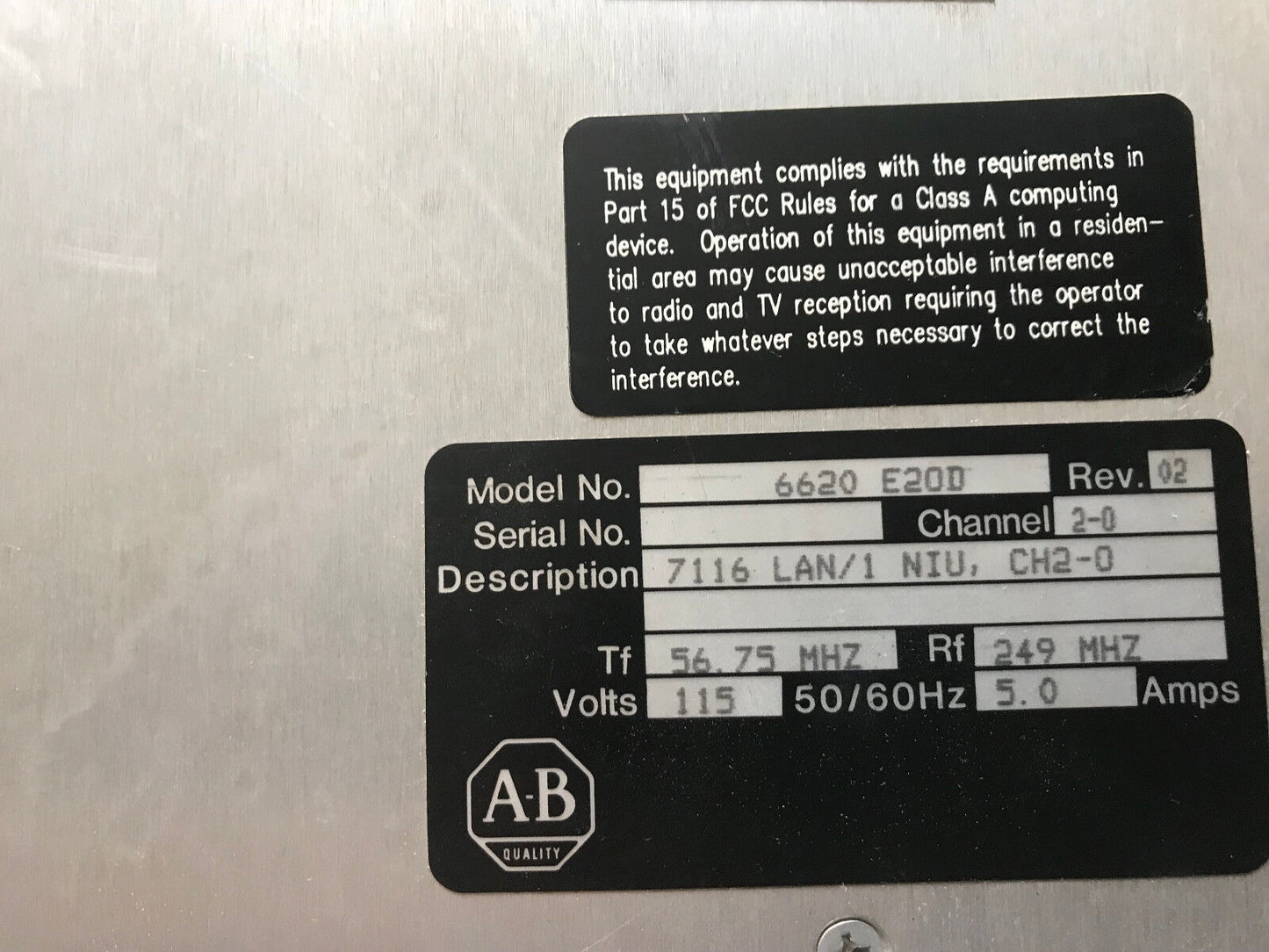 Allen Bradley 6620 E2od,St 507,Vistal/In/1,430004007,7116 Lan/1 Niu,Ch2-0,Ss