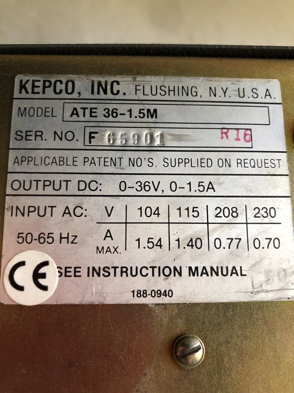 Kepco Ate36-1.5M 0-36V 1.5A Quarter-Rack Analog Controlled Power Supply,Pc-12,Tk