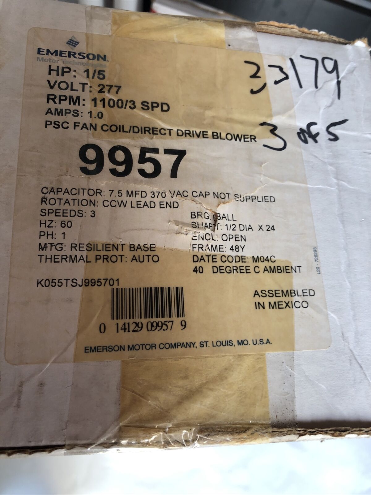 Emerson K55hxtsj-9957 Motor Double Shaft 1.0Amp 277V 1/5Hp 48Frame 3Spee,Df
