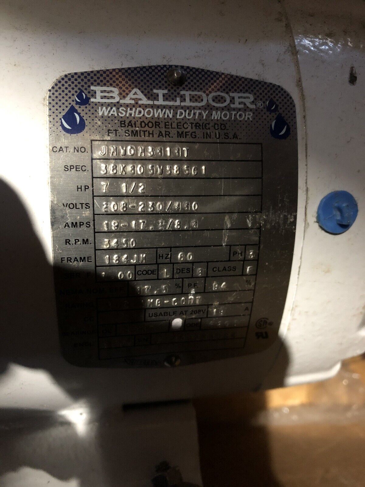 Baldor 36K80sw385g1,Jmwdm361xt,Balder Jhvdh3613t,7-1/2Hp Washdown Duty Motor,Al