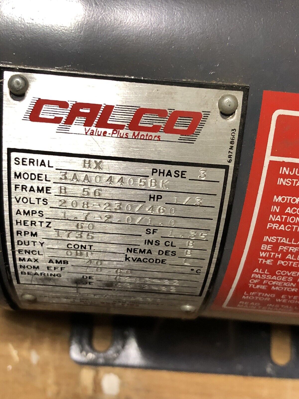 New 3Aa04405bk Calco Motors Motor Ac 1735Rpm 3Phase Xb56/Ca 1/3Hp,B 56,208V,Eg
