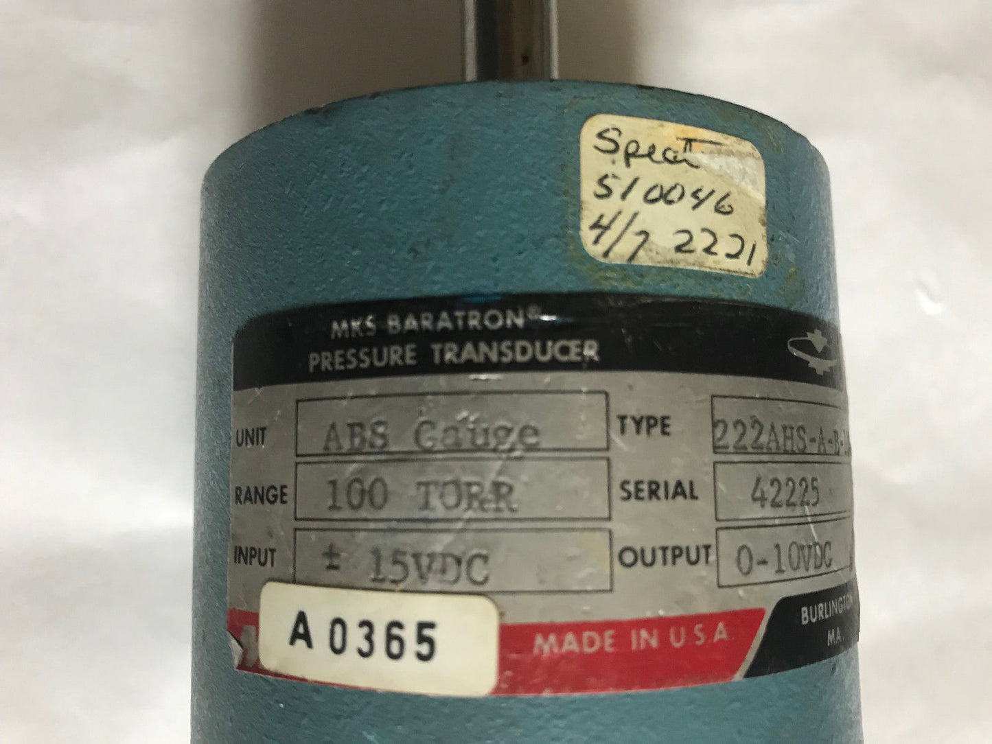 Mks 222Ahs-A-B-100 Pressure Transducer 100 Torr Type 222,Abs Gage,Sh