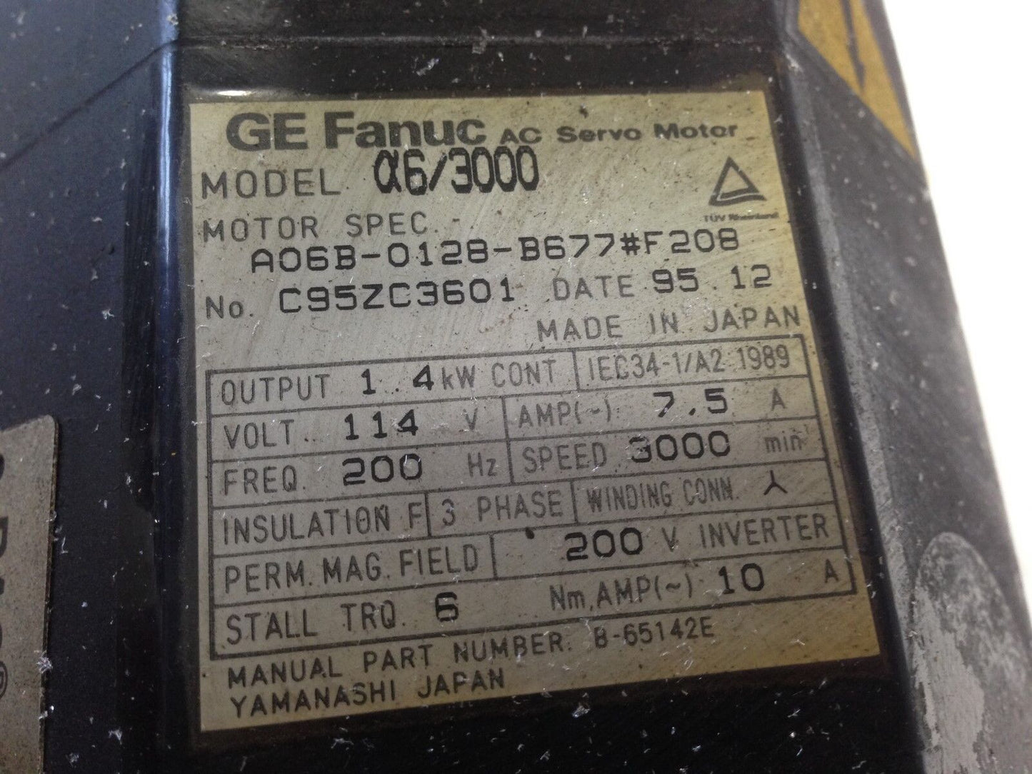 Ge Fanuc A06b-0128-B677#F208,6/3000,Ac Servo Motor,3Ph,114V,Rpm 3000,Td