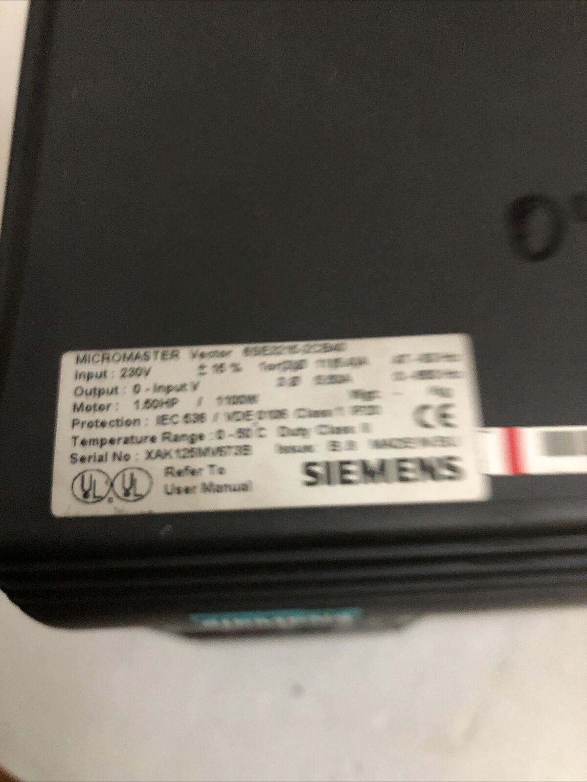 Siemens 6Se3215-2Cb40,6Se32152cb40 Micromaster Vector Drive,1.5 Hp,3Ph,230V,Cy