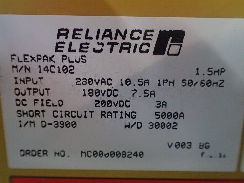 New Reliance Electric Flexpak Plus D-3900,14C102,1.5Hp,240Vac,10.5A ,7.5A,Be