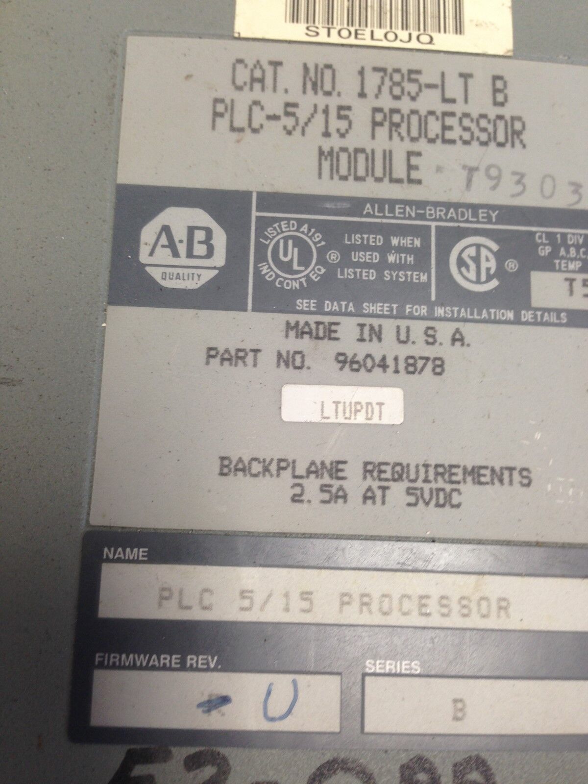 Allen Bradley 1785-Lt B Plc-5/15 Processor Module,Hd