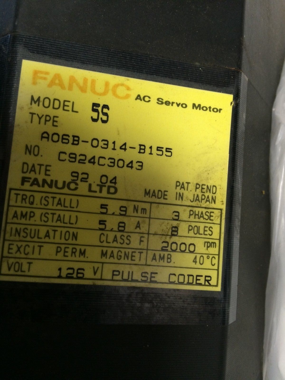 Fanuc A06b-0314-B155 Ac Servo Motor,3Ph,V,Rpm 2000,56,(A Plastic Is Damaged)Bw