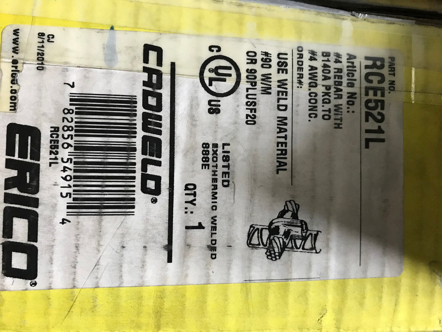 Erico Cadweld Cable Mold Rce521l 1Ph 4 Rebar W/B140a 90 W/M 4 Conc 90Plusf20,Es