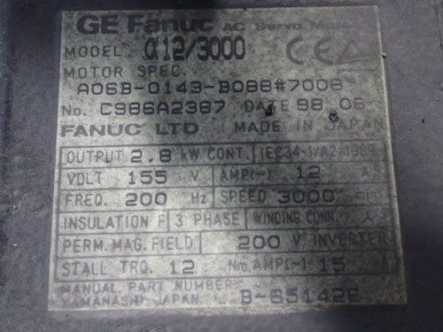 Fanuc A06b-0143-B088, #7008,C986a2387 Ac Servo Motor,2.8 Kw,155 Vac,Bb