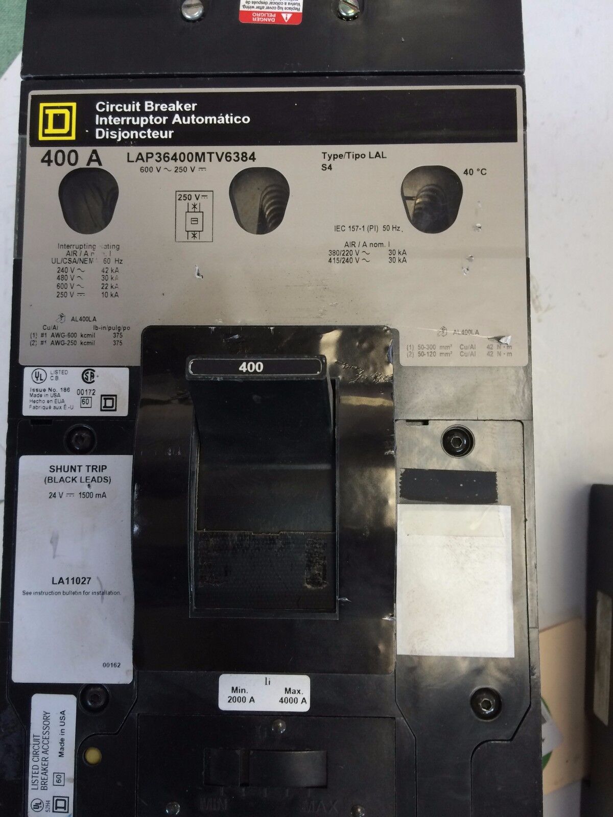 Square D Lap36400mtv6384 Circuit Breaker, 3-Pole, 400A, 600Vac/250Vdc,Co,Ex