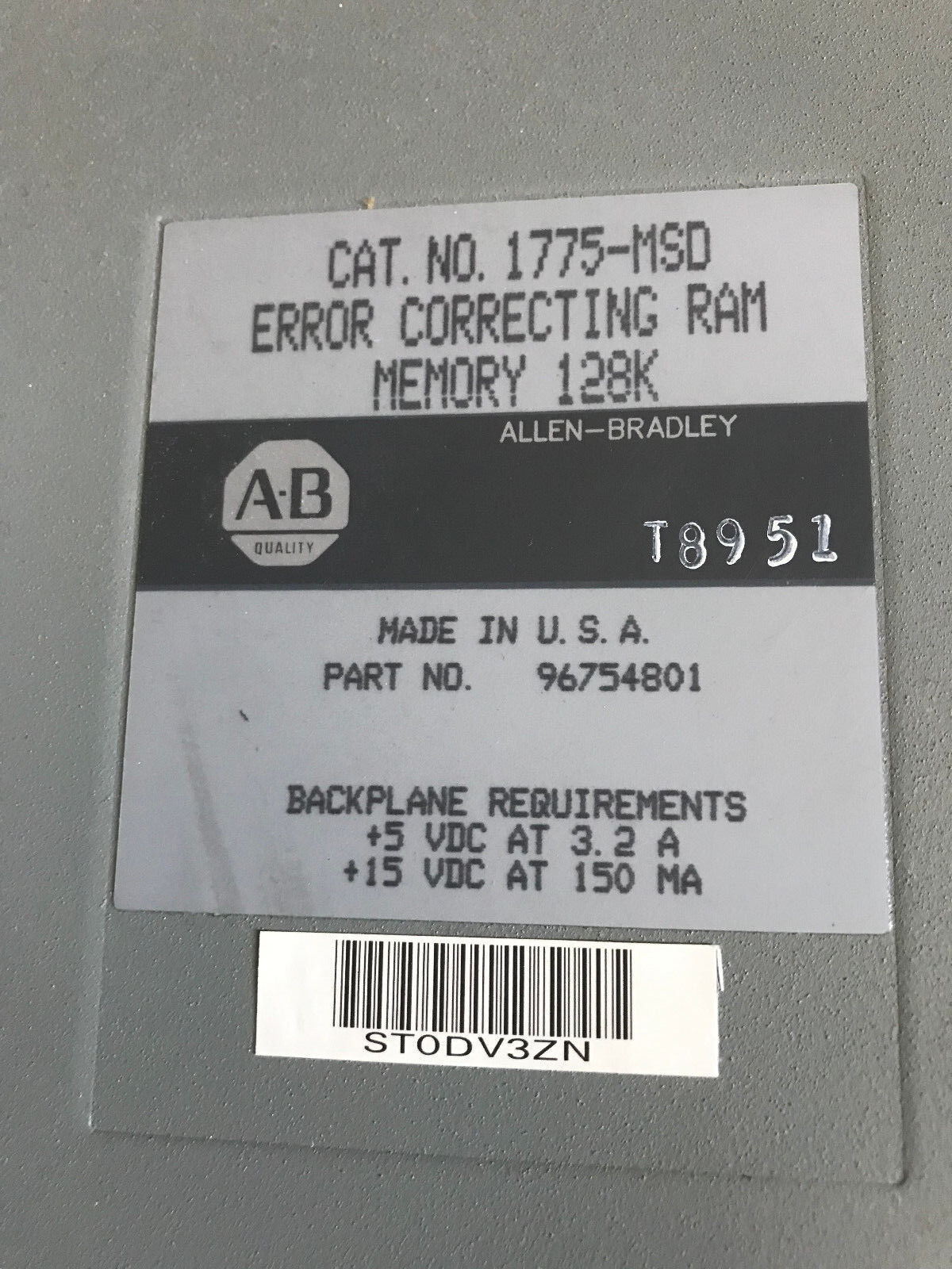 Allen Bradley 1775-Msd Memory Module Error Correcting Ram Memory 128K,Su
