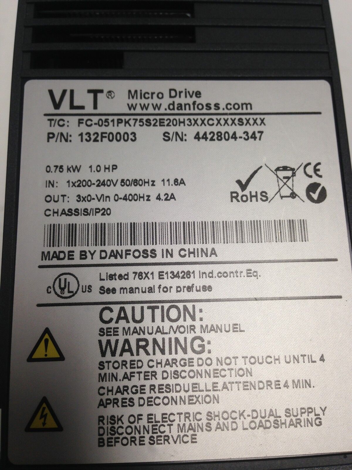 New Danfoss 132F0003 Vlt Micro Drive, 1 Hp, 3-Phase, 200-240 V, Fc-051Pk,Fi