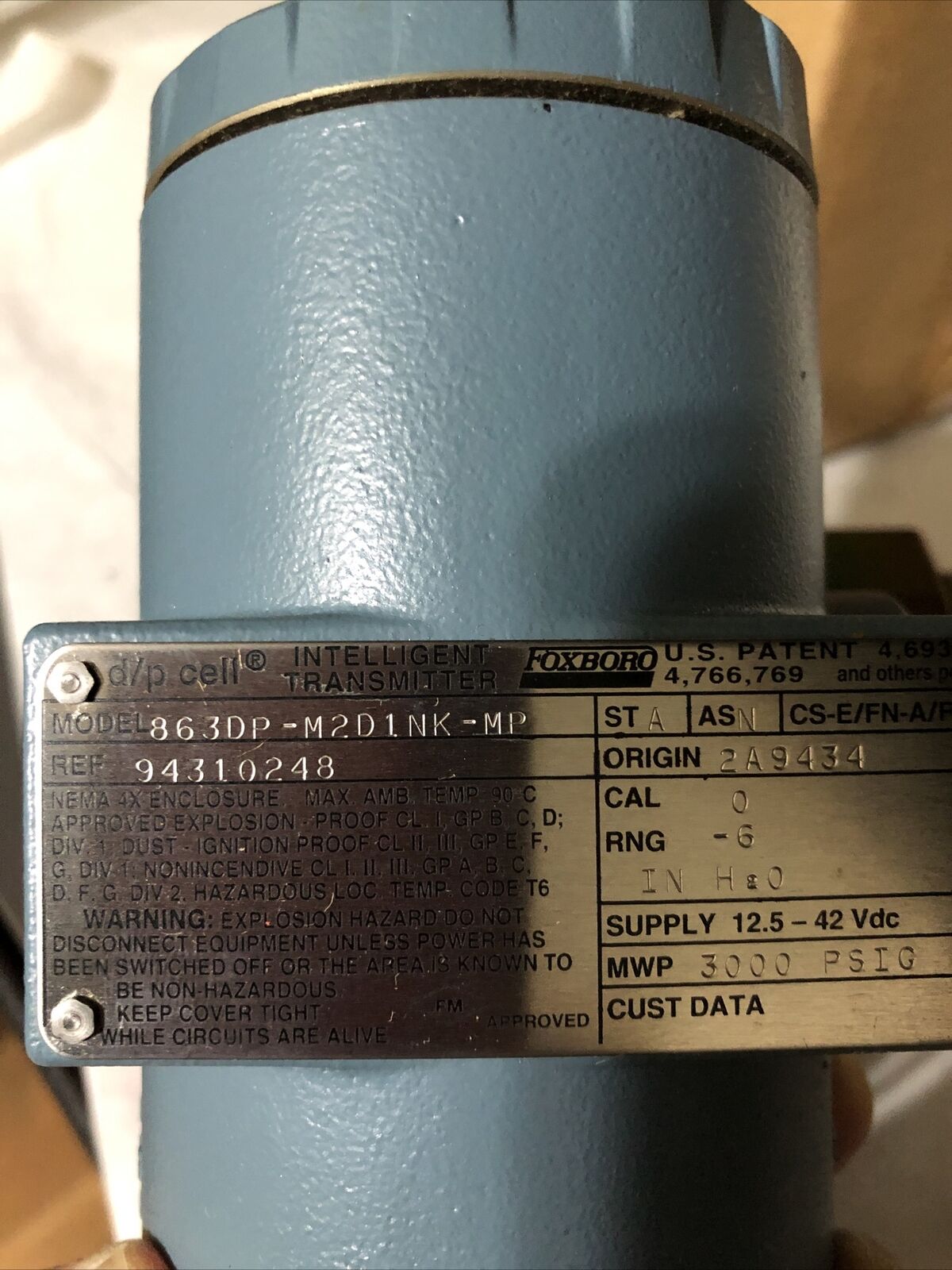Foxboro 863Dp-M2d1nk-Mp Invensys Pressure Transmitter 0-6In H2o 863Dpm2d1nkmp,Bq