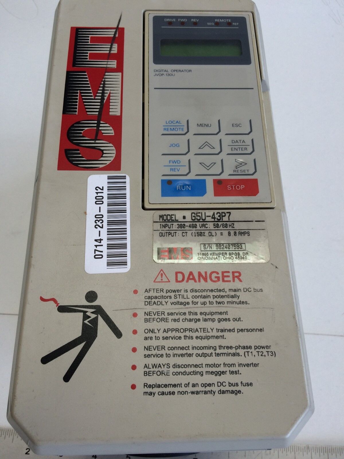 Yaskawa Cimr-G5u20p4 Ac Drive,3 Ph 200-230 Vac,3.9 Amp,G5u-43P7,Yplt31001-1G,Aa