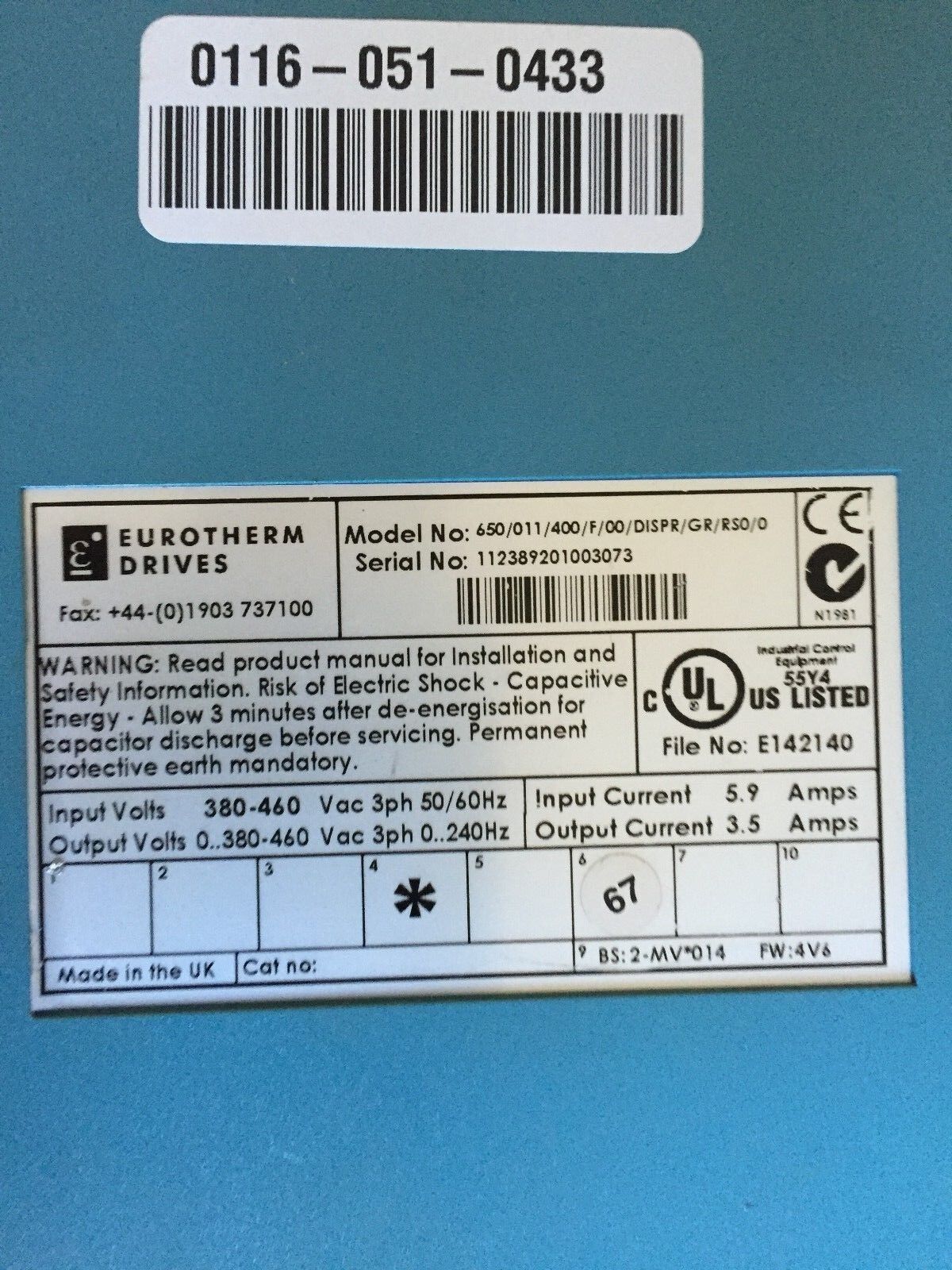 Eurotherm 650/011/400/F/00/Dispr/Gr/Rso/0 Drive,650 Series 380-460Vac,Bb