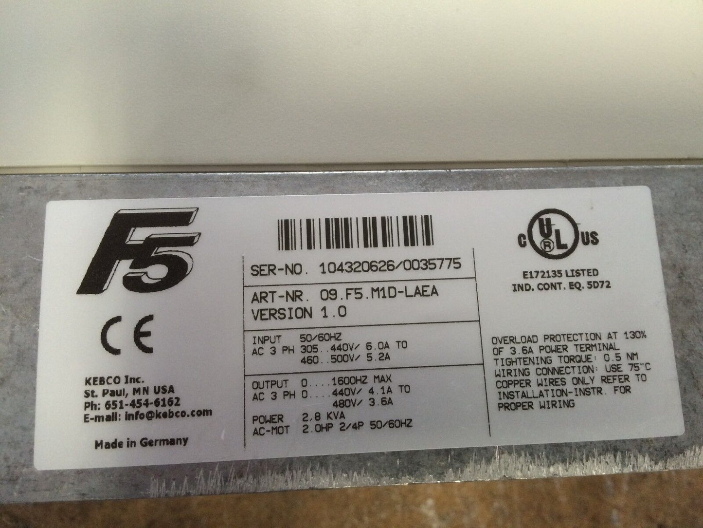 Keb Combivert F5, 09.F5.M1d-Laea Version 1.0,3Ph Inverter Drive 2.8 Kva,Bf