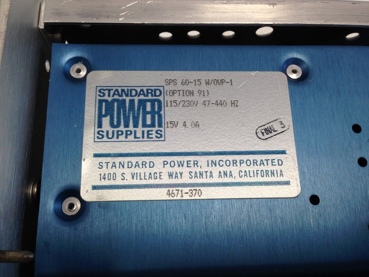 Esi 83562 +/-15V Power Supply W/2 Sps-60-15 W/Ovp-1, 15V, 4.0A,Dk