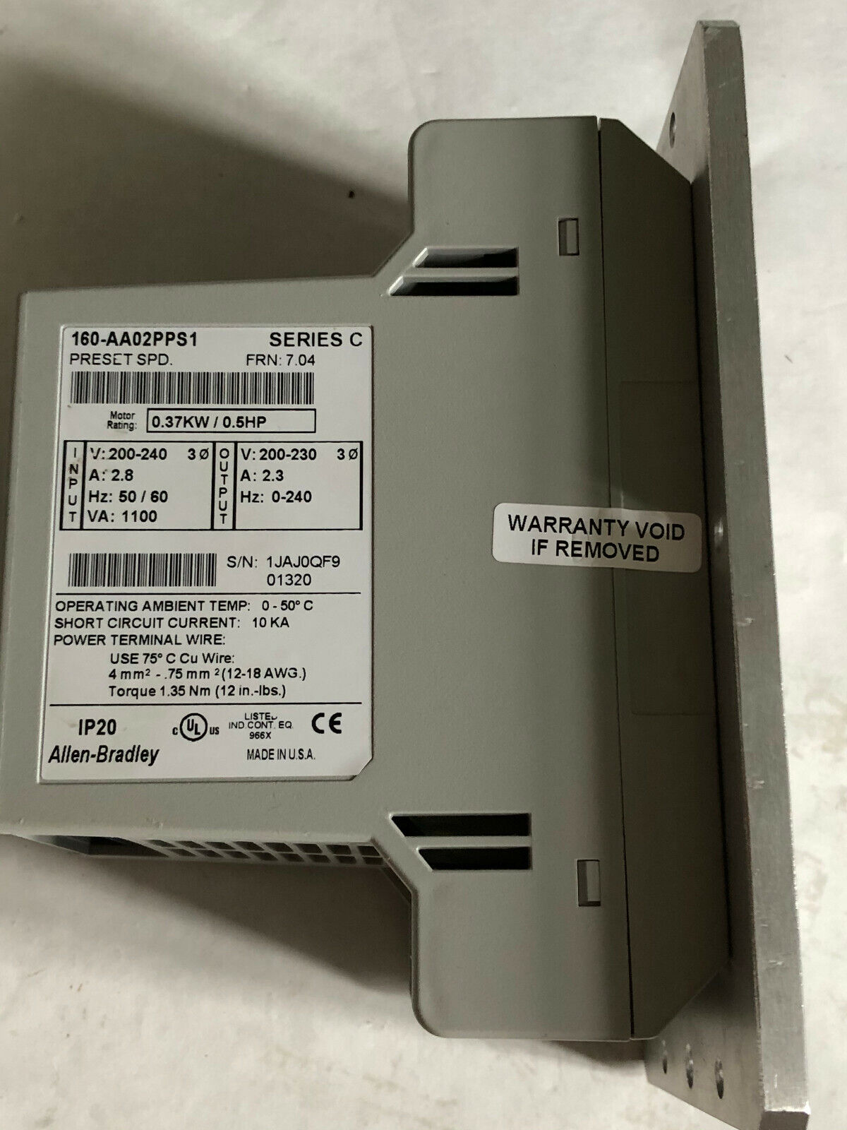 Allen Bradley Input 240V Output 2.3A Motor Rtg:.37Kw/.5Hp 160-Aa02pps1,Se