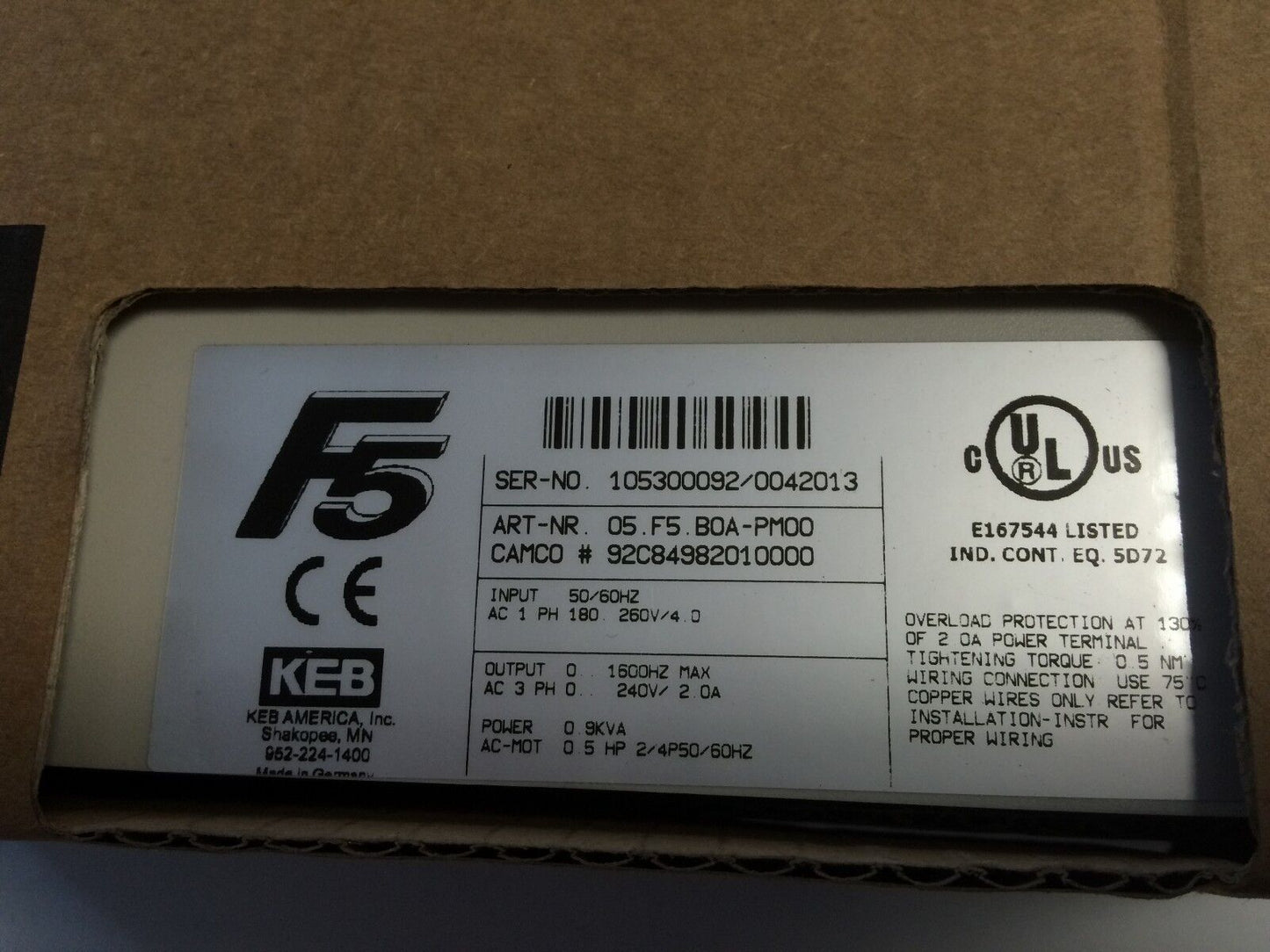New Keb F5 05.F5.Boa-Pm00 Combivert 05.F5.Boa-Pmoo 0.9 Kva,05.F5.B0a-Pm00,By