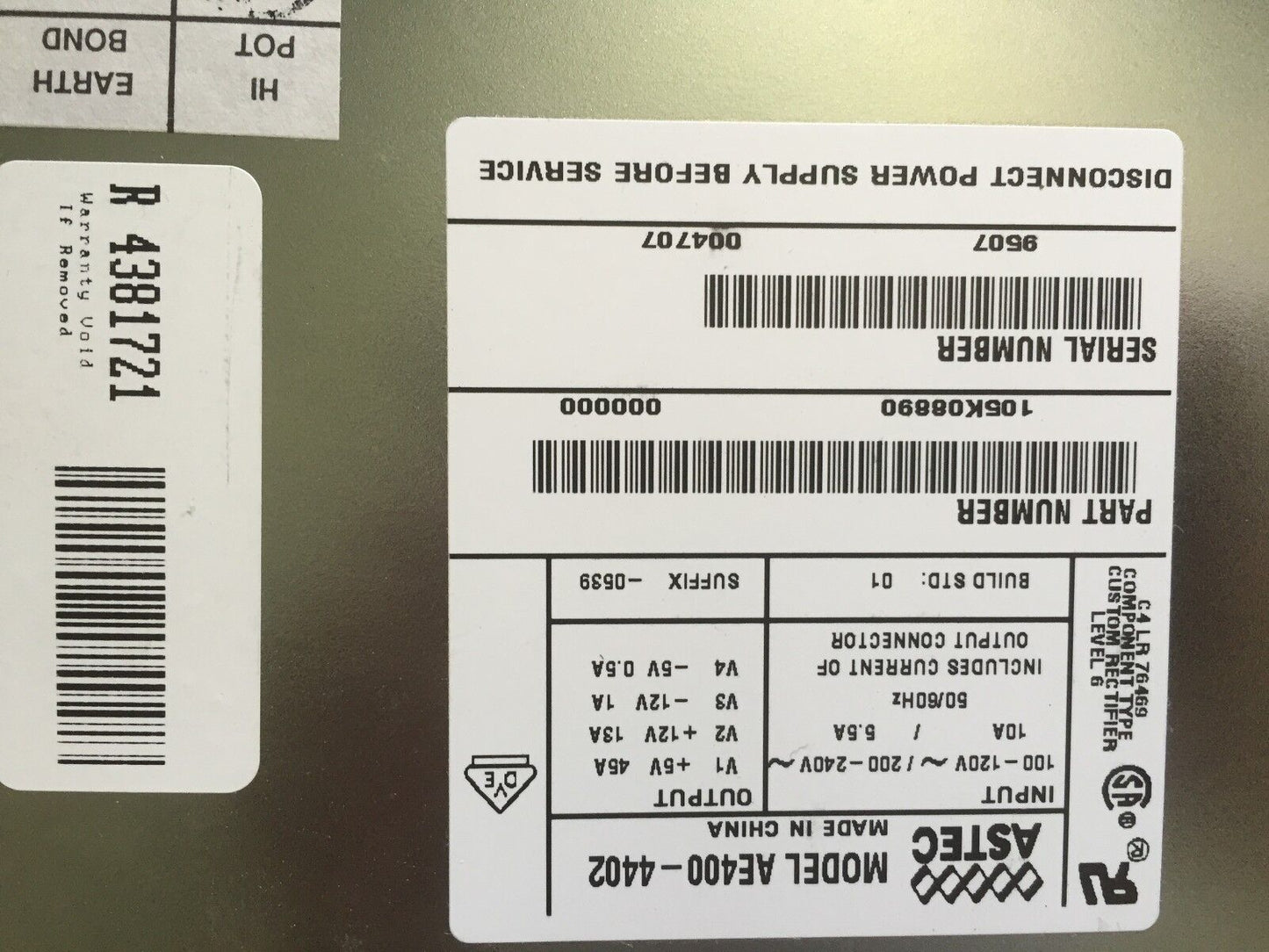 New Astec Ae400-4402,105K08890 Emerson Power Supply 120/240Vac,Cy