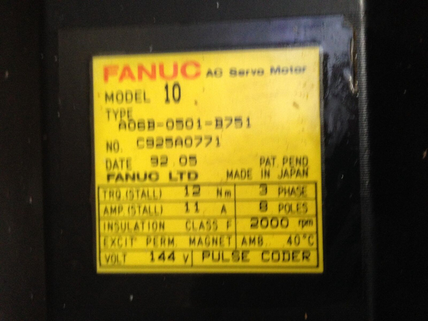 Fanuc A06b-0501-B751 Ac Servo Motor,144 Vac,2000 Rpm,3 Ph,C925a0771,Bk