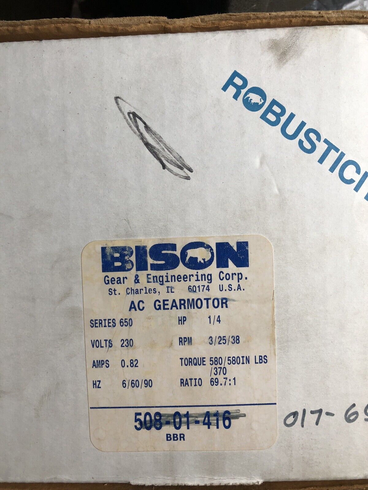 New Bison 508-01-416 Bison Gearmotor 230V 1/4Hp 0.82Amps Minarik,Tb