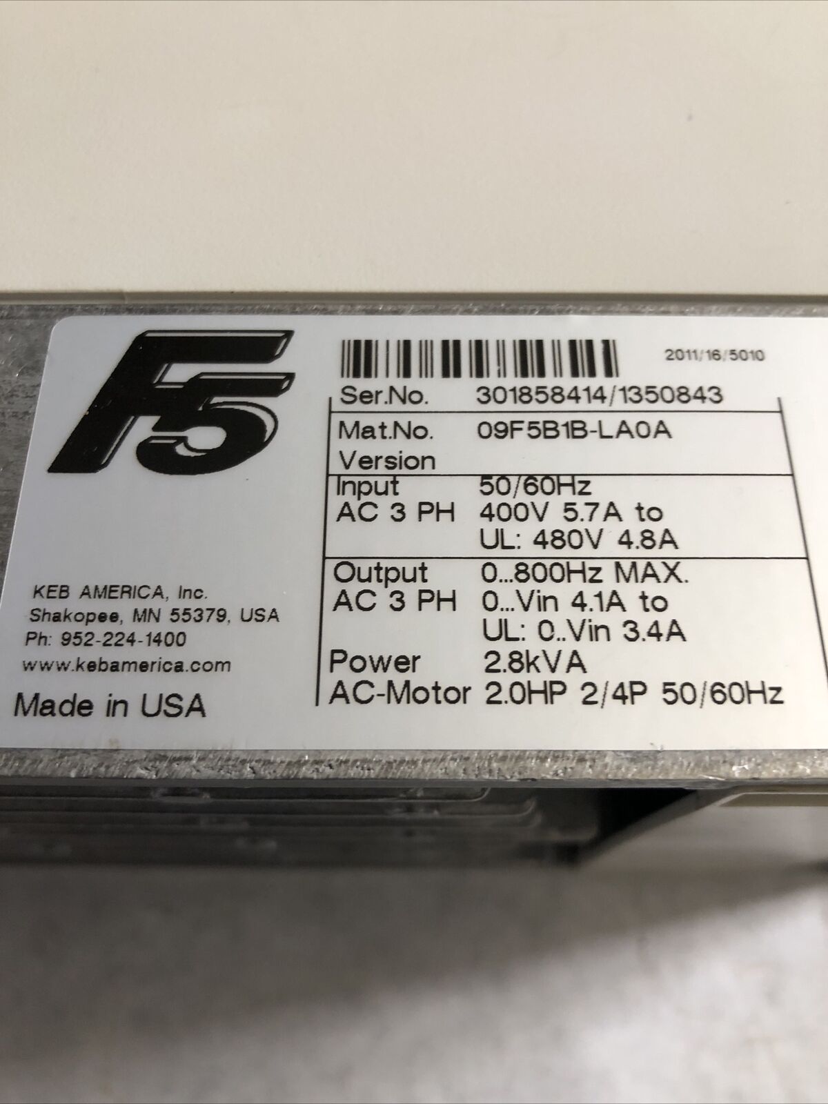 Keb 09F5b1b-La0a Power 2.8 Kva,Combivert,09F5b1b-Laoa,E167544, 09.F5.B1b-La0a,Bw
