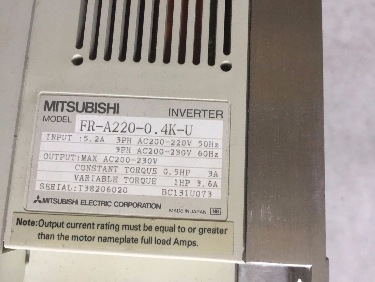 Mitsubishi Fr-A220-0.4K-U Frequol Inverter 3Ph,Mitsubishi Frequrol-A200,De