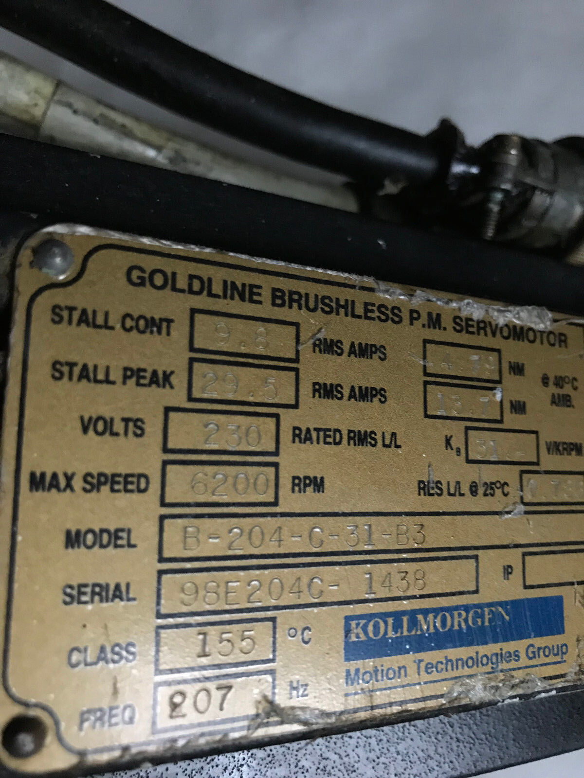 Kollmorgen B-204-C-31-B3 Goldline P.M. Servo Motor,230 Vac,6200 Rpm,B204c31b3,Sh