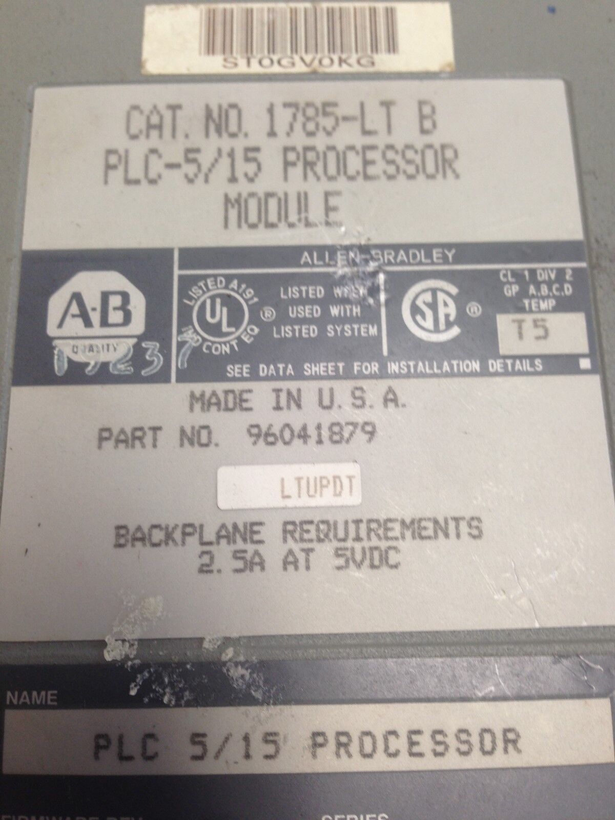 Allen Bradley 1785-Lt B Plc-5/15 Processor Module,Hd