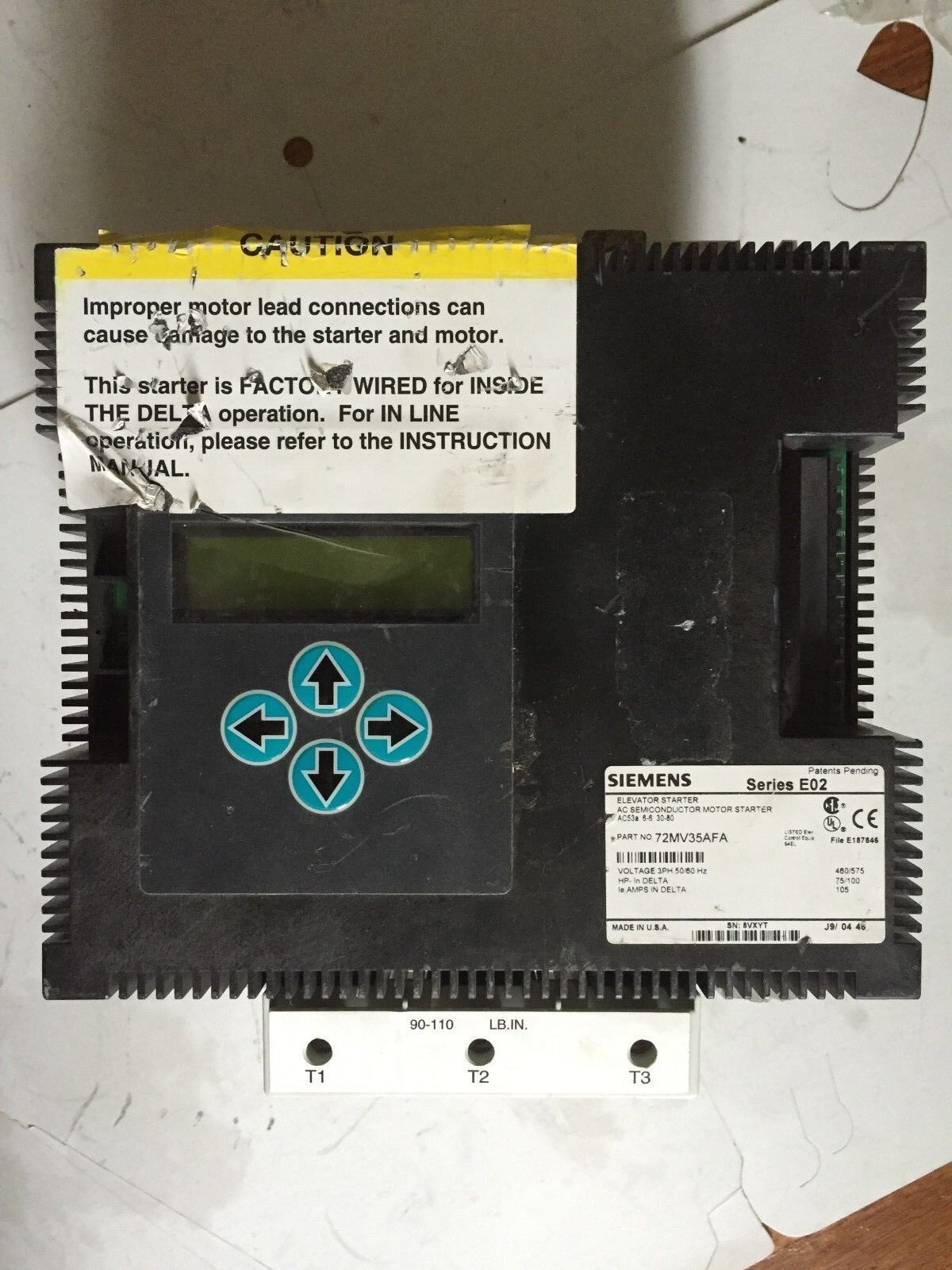 Siemens 72Mv35afa Solid Elevator Starter E02,3Ph 460/575V 75/100Hp 105Amp,Ag