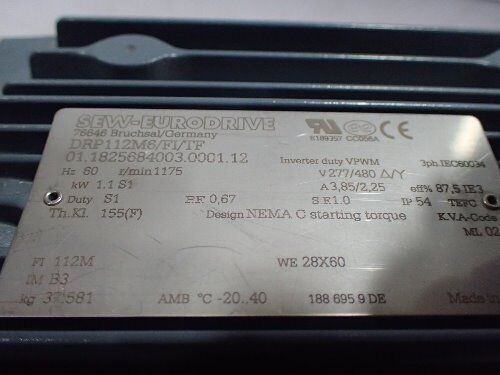 Sew Eurodrive Drp112m6/Fi/Tf,Drp112m6/F1/Tf Motor 1175Rpm 480V,Tn