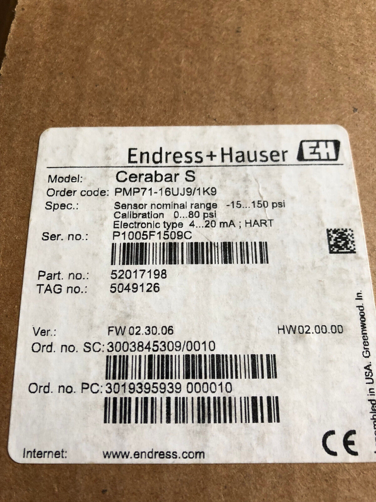 New Endress+Hauser Pmp71-16Uj9/1K9, 52017196,Cerabars Transmitter,Cerabar S,Ez
