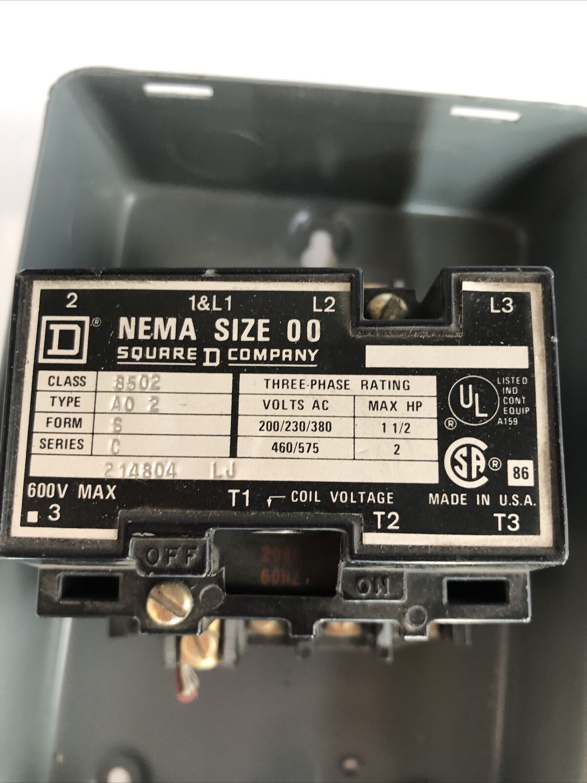 New Square D Nema Size 00 A02 Starter 8502 Ao2,208V Coil,8502 A02,1 1/2Hp,Fl