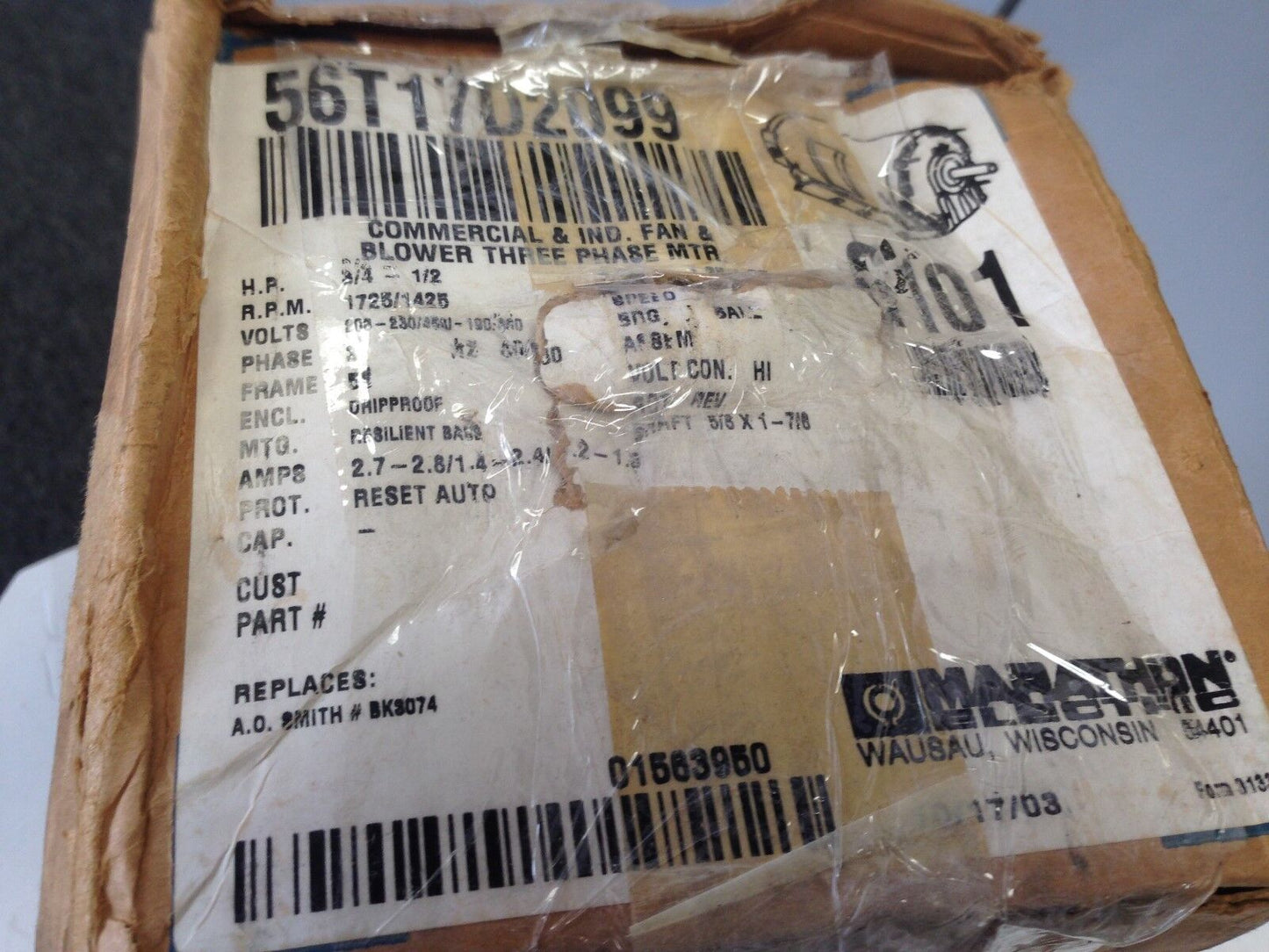 New Aql56t17d2099f P Marathon Electric Aql56t17d2099 Cat No-G101 3/4Hp,Ez