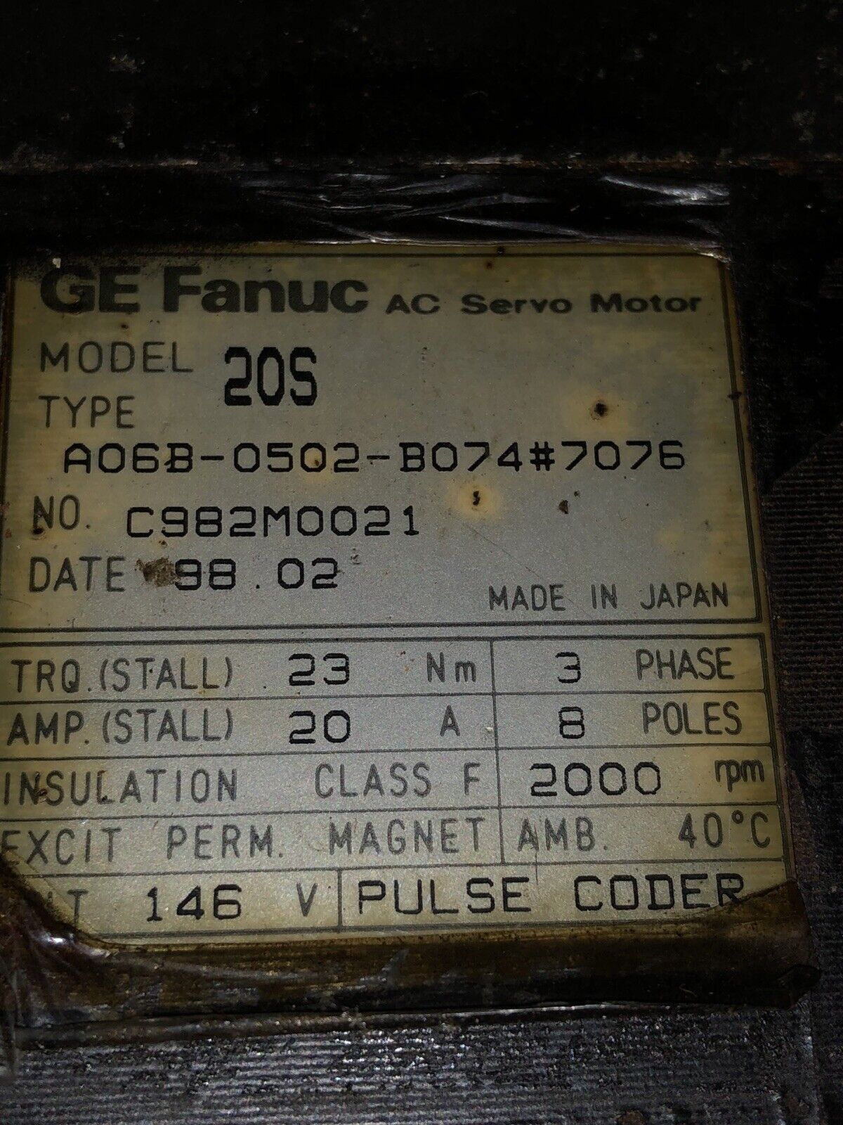 Ge Fanuc 20S,Fanuc A06b-0502-B074#7076 Ac Servo Motor,3Ph,146V,Rpm 2000,20Amp,Te