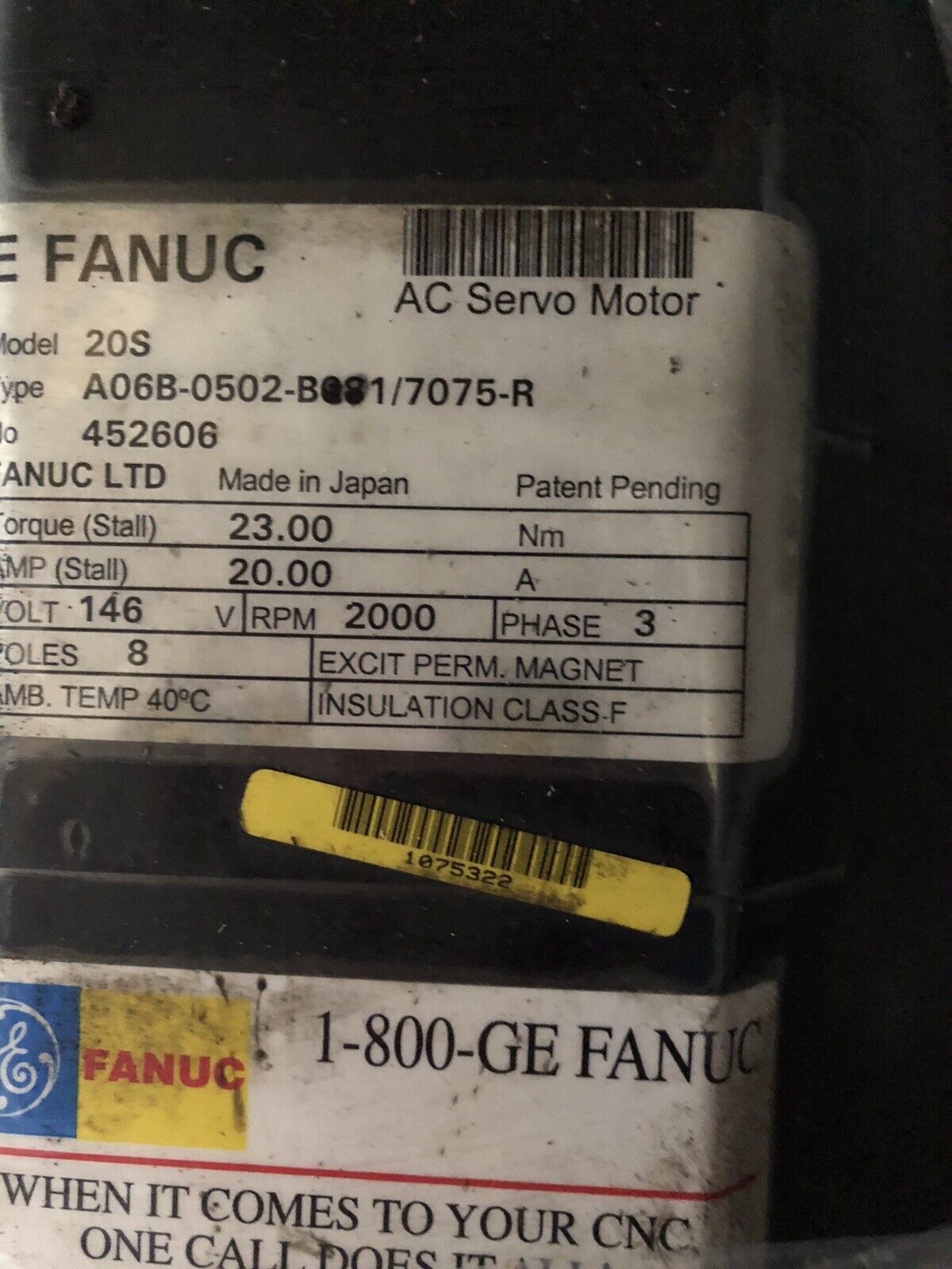 Ge Fanuc A06b-0502-B081/7075-R Ac Servo Motor, 20A, 146Vac, 2000-Rpm,Te