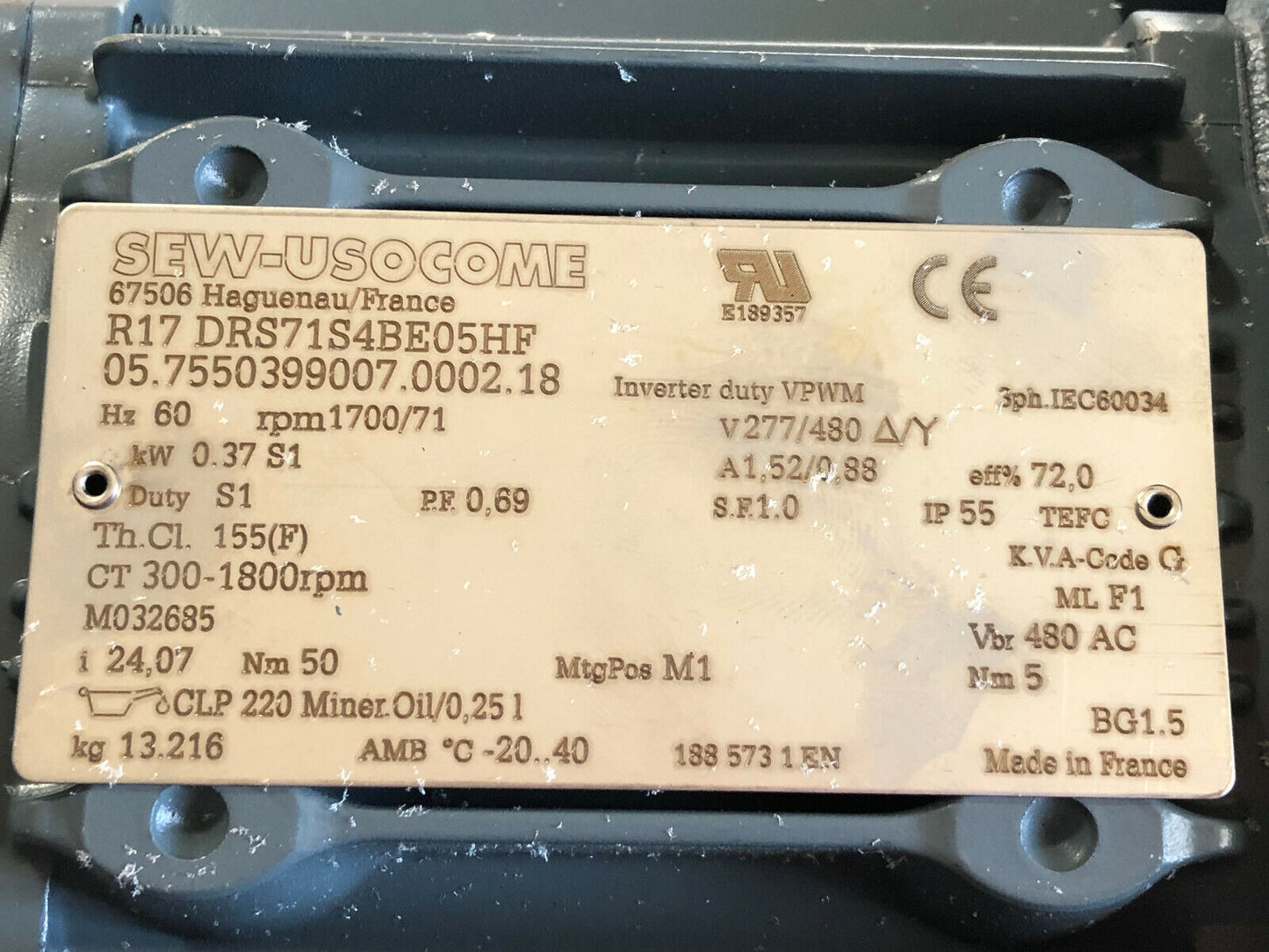New Sew Eurodrive R17 Drs71s4be05hf, Ac Gearmotor. Inverter Duty,Sj
