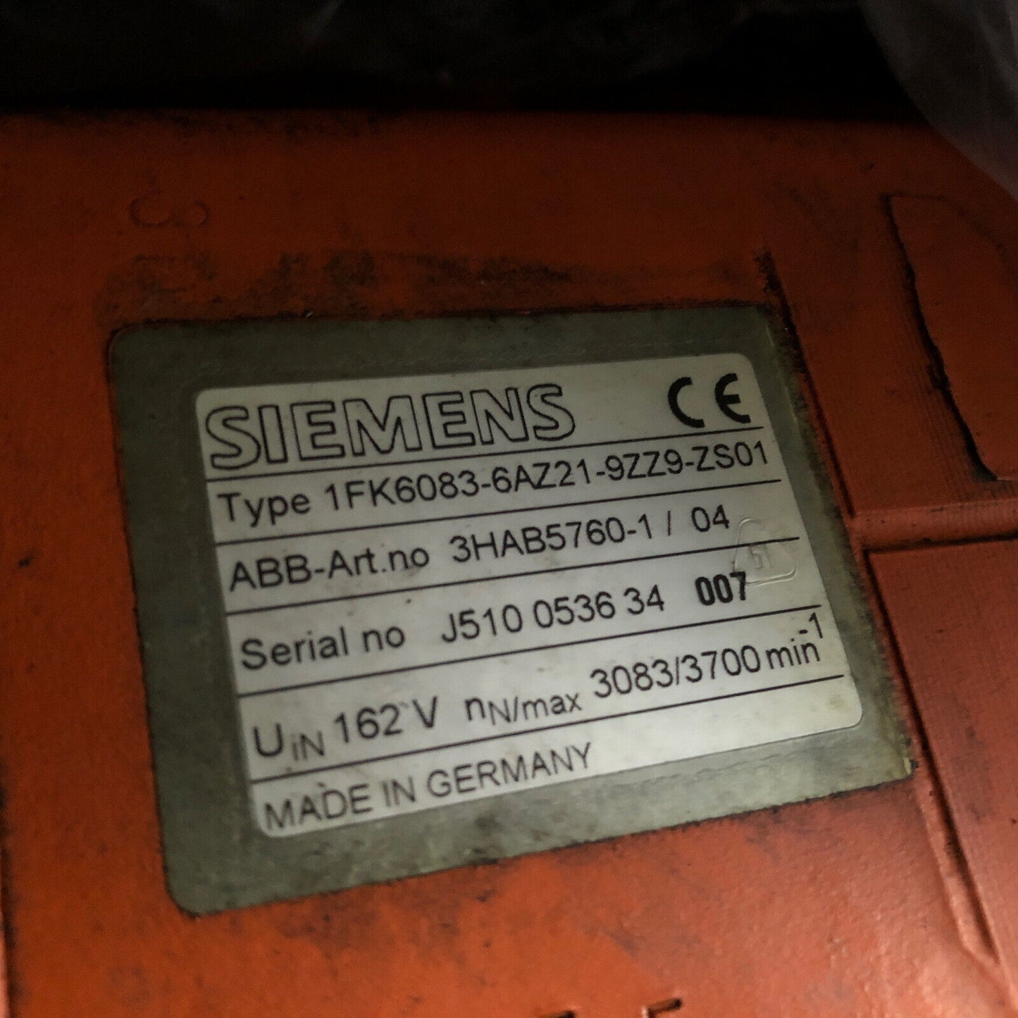 Siemens 1Fk6083-6Az21-9Zz9-Zs01 ,3Hab5760-1 / 04 Servo Motor,Ao,Bp