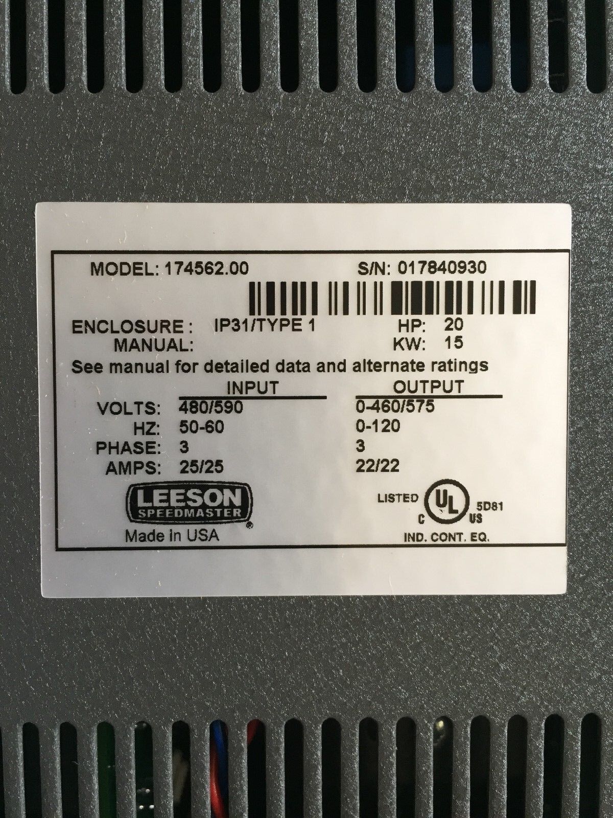 Leeson 174562.00 Adjustable Speed Ac Motor Control,3Ph,480/590, Speedmaster,Ed