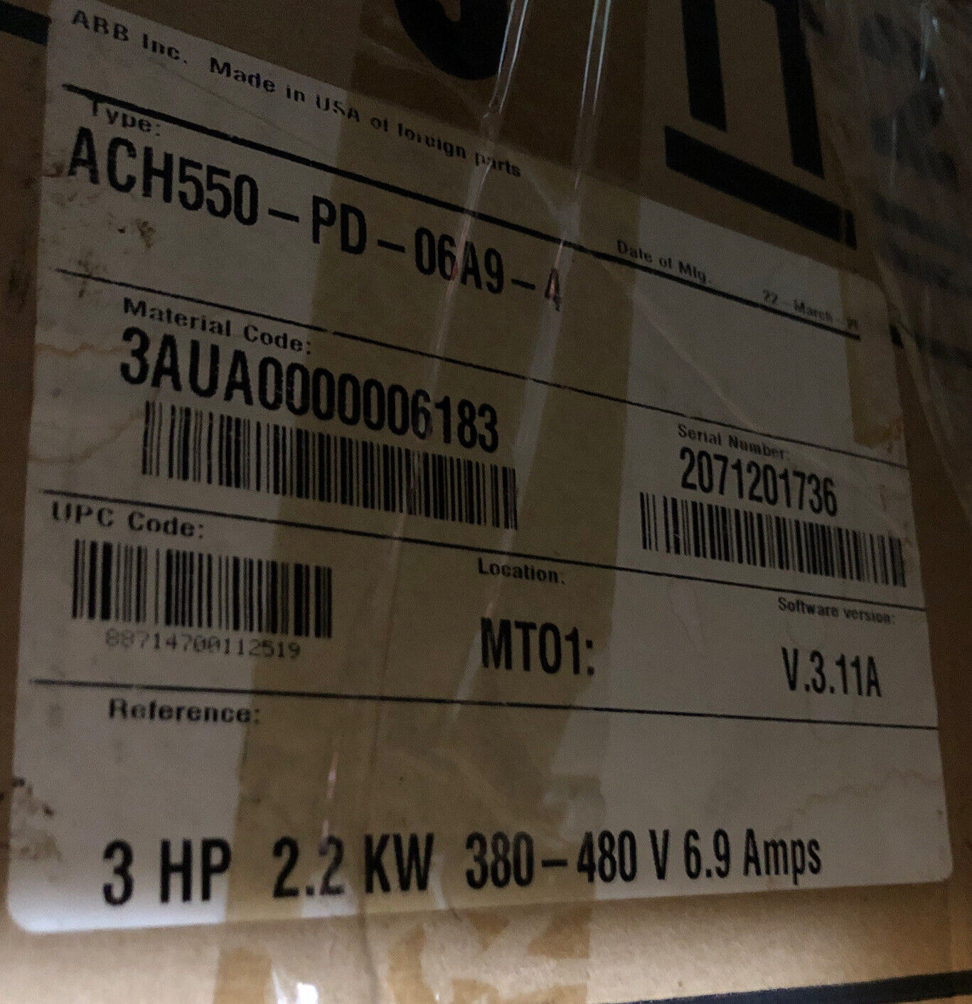 New Asea Brown Boveri Drive 3Hp 6.9A 380-480V 2.2Kw Ach550-Pd-06A9-4,Abb Hvac,Bu