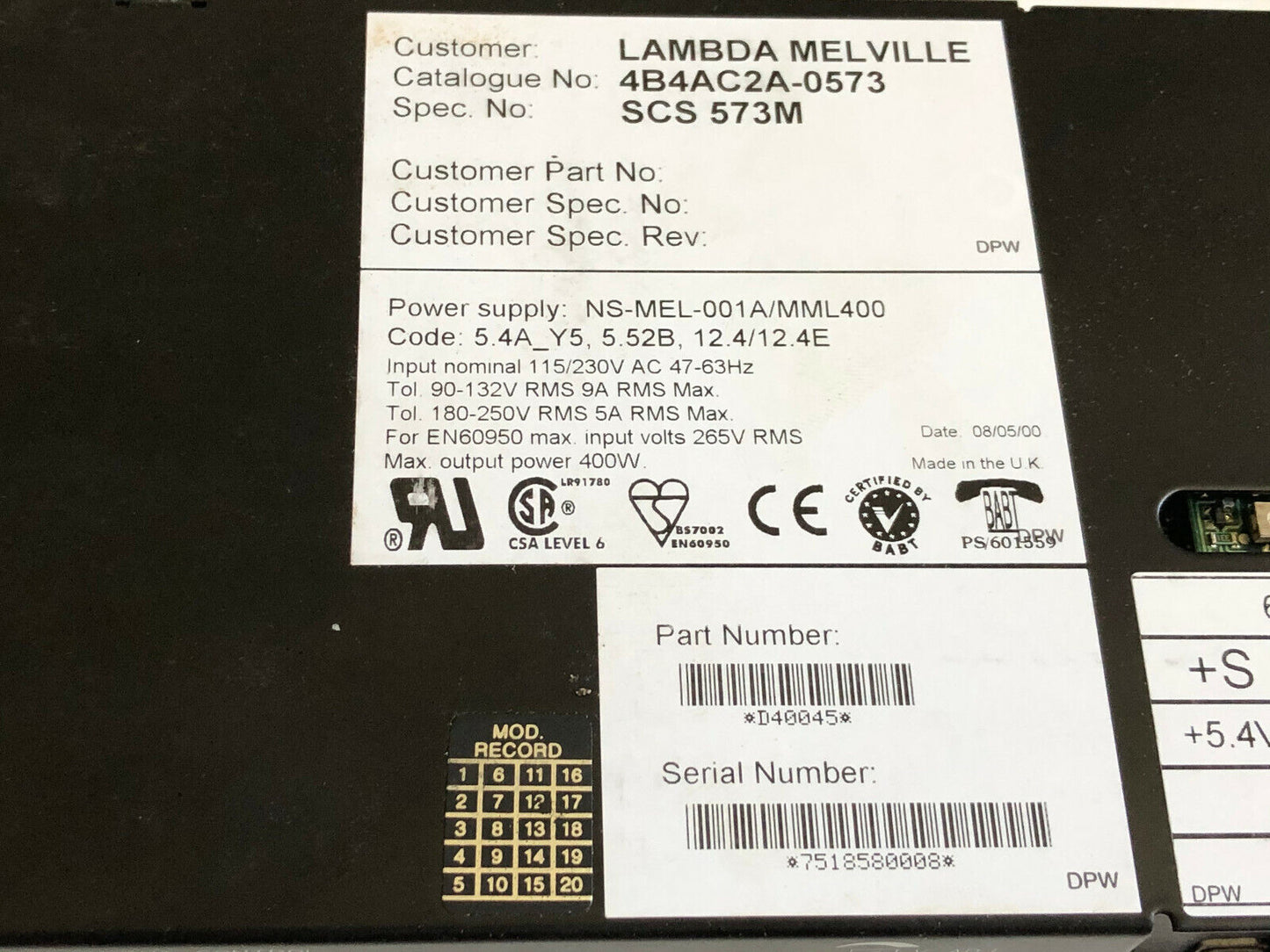 Lambda Ns-Mel-001A/Mml400,4B4ac2a-0573,Coutant Lambda Omega Mml 400,D40045,Fl,Ch