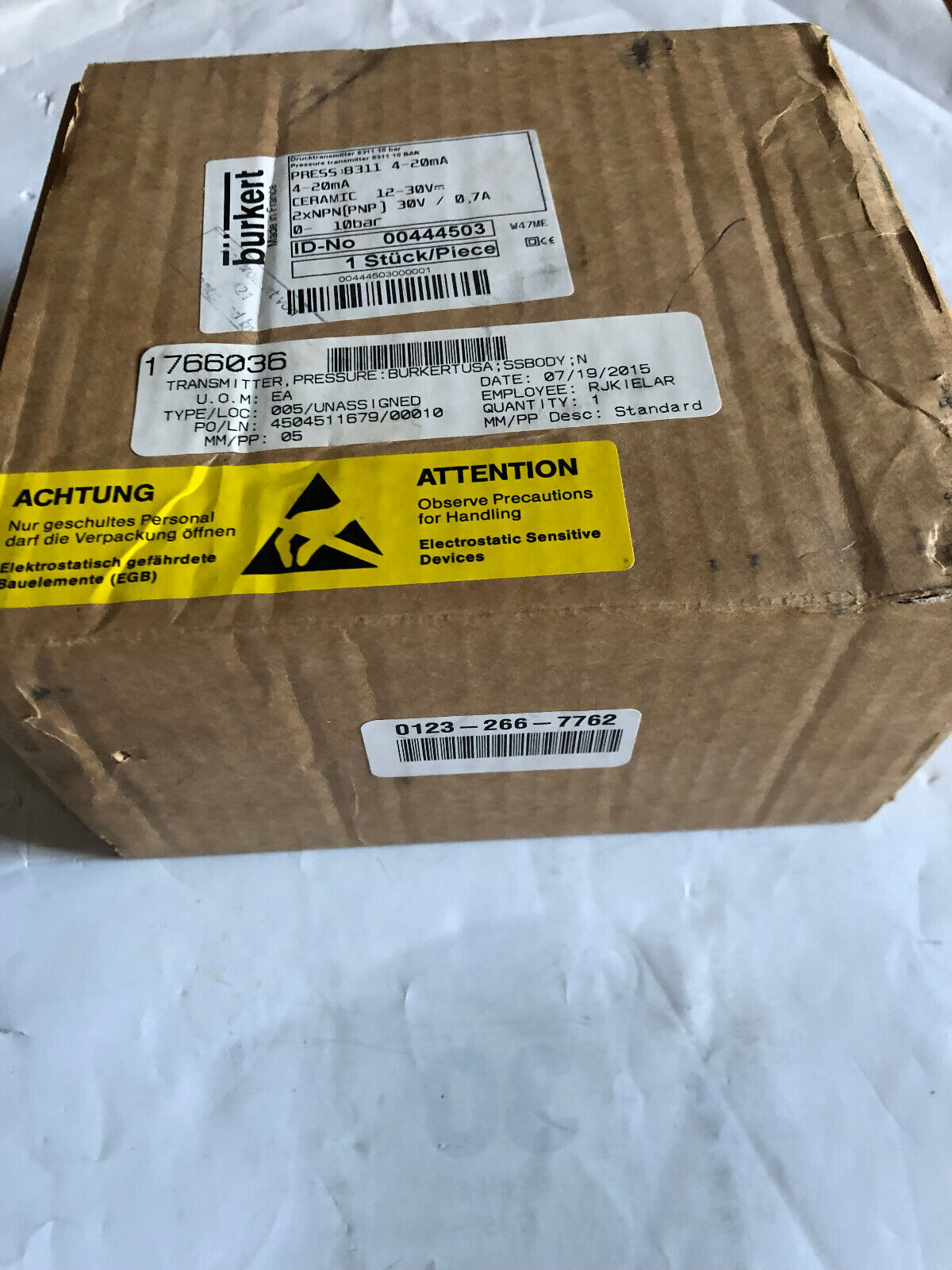 New Burkert 00444503 Pressure Transmitter. 4-20Ma Ceramic 0-10Bar,Ct