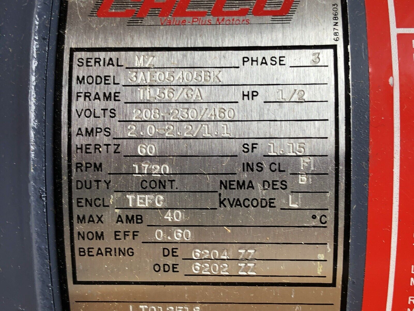 New Calco 3Ae05405bk Calco Motors 1.5Hp 1720Rpm 208-230/460Vac 3Phase,Fa,Av