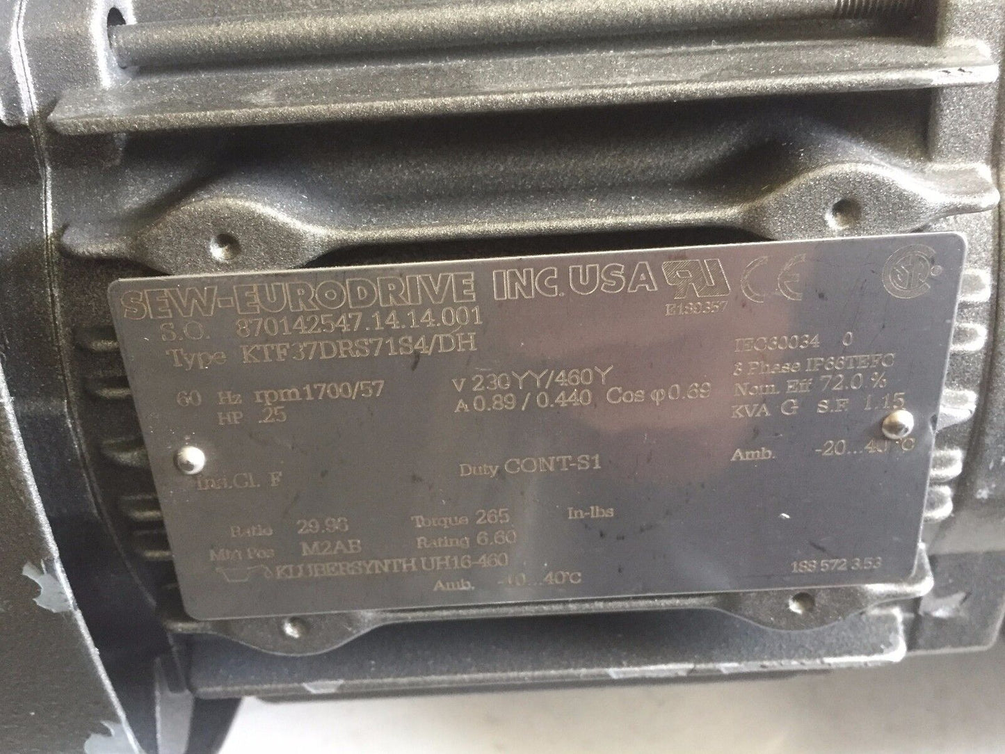 New Sew-Eurodrive Ktf37drs71s4/Dh Motor W/Gear Drive 1700Rpm .25Hp,Ed