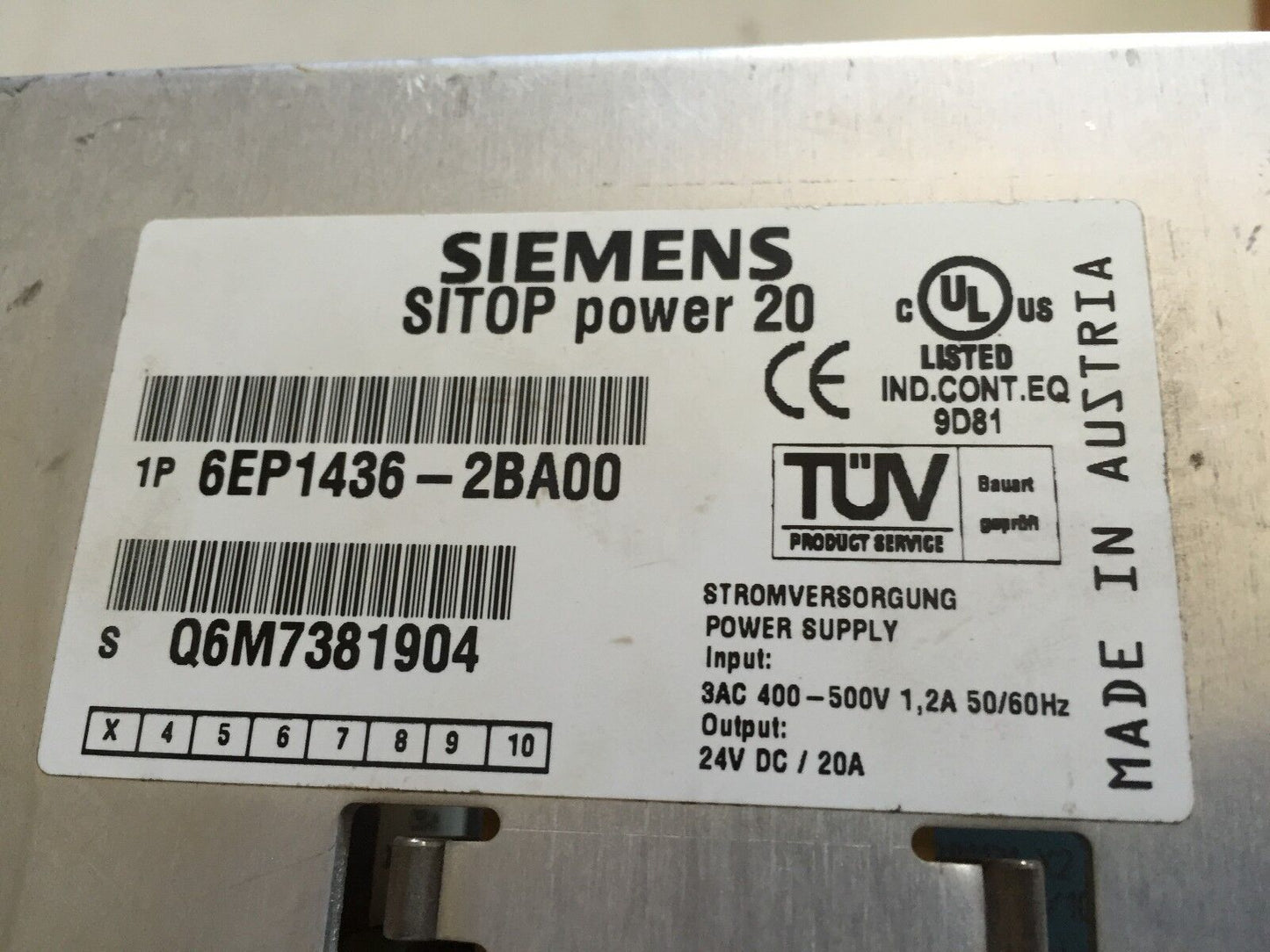 Siemens 6Ep1436-2Ba00,Sitop 20 Power Supply 20A,24Vdc W/O Front Case,Td