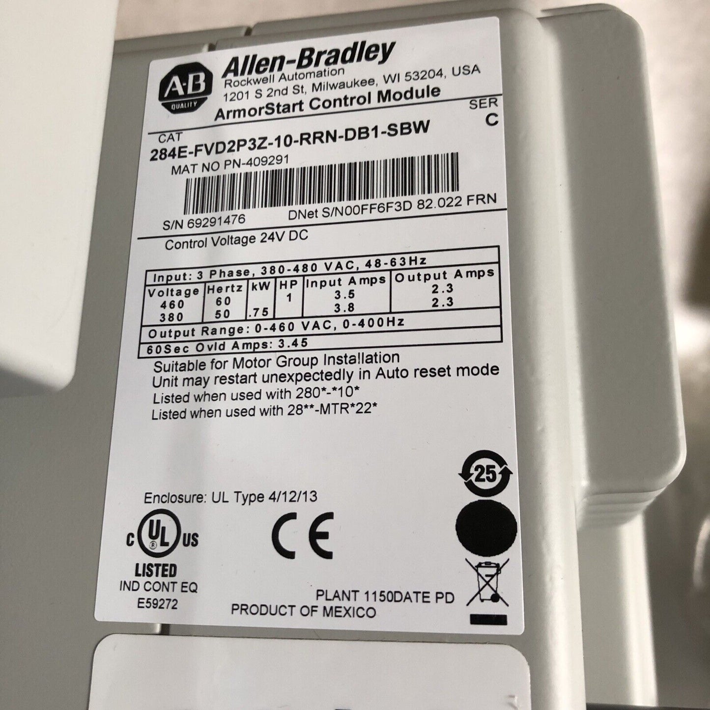 New Allen Bradley 284E-Fvd2p3z-10-Rrn-Db1-Sbw,280E-10-R Variable Drive,Br